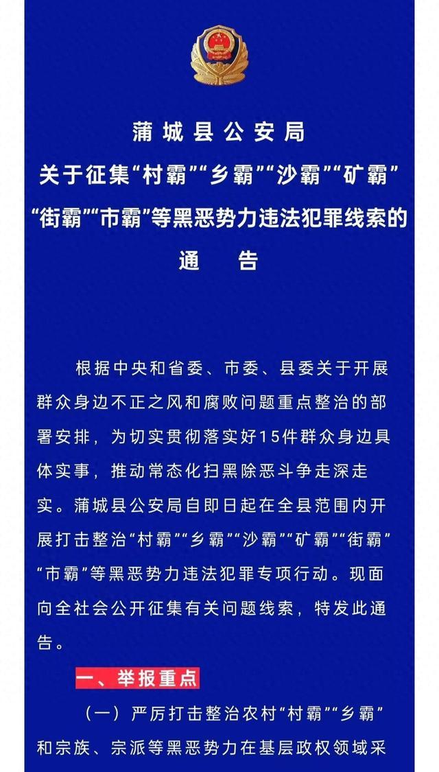 蒲城县公安局关于征集“村霸”“乡霸”“沙霸”“矿霸”“街霸”“市霸”等黑恶势力违法犯罪线索的通告