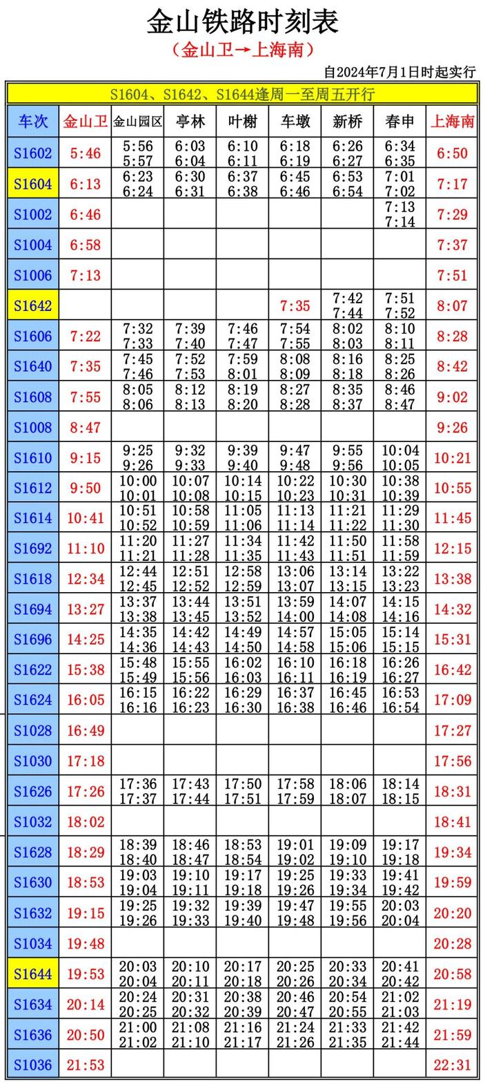 【提示】金山铁路“中秋”期间列车运行方案公布
