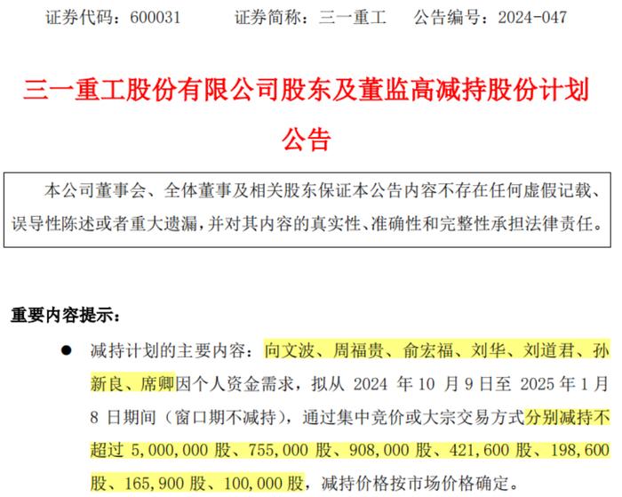 1亿减持，带崩百亿市值！千万年薪高管也缺钱？三一重工为何突遭高管集体减持