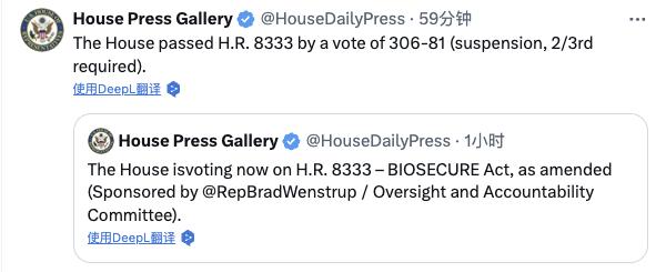 美国众议院通过《生物安全法案》 点名5家中国公司
