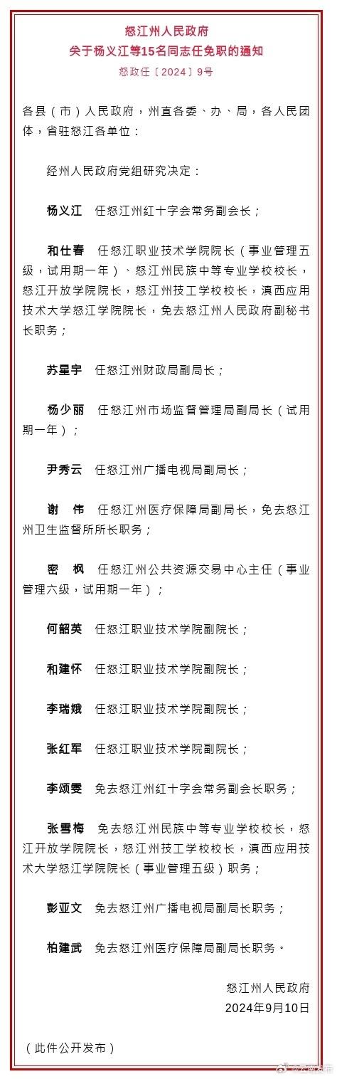 怒江州人民政府发布一批任免职通知