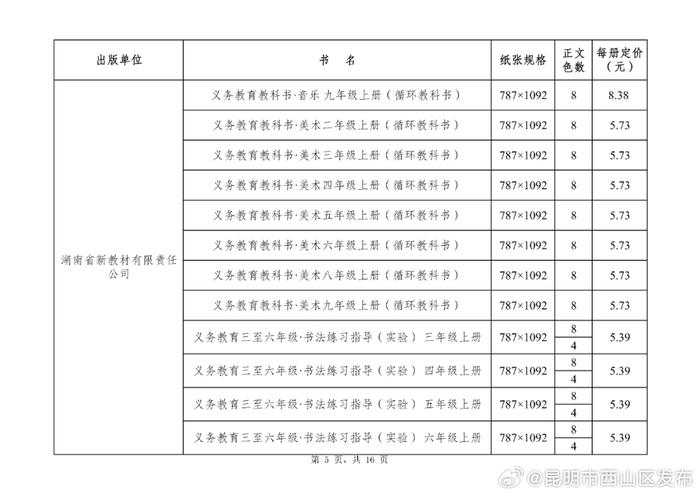 2024年秋季云南省第二批中小学教科书零售价格公布！