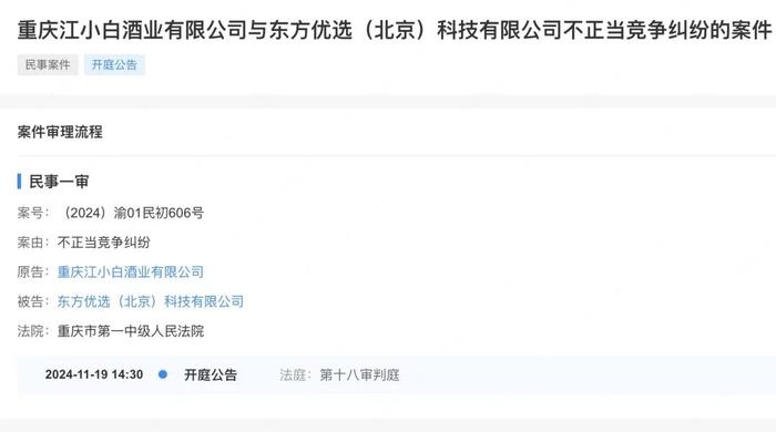 江小白诉东方甄选：商标纠纷案开庭