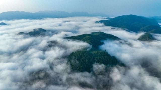 重庆酉阳秋晨平流雾 流淌山涧如幻境