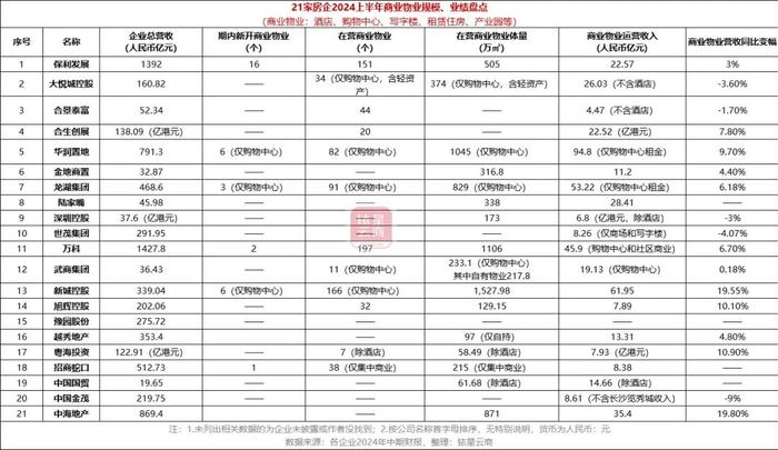 内地20家商业地产公司2024上半年运营业绩大盘点