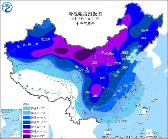 9月26日至10月1日，我国大部地区气温下降6℃至8℃