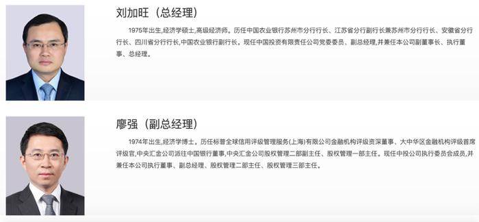 中央汇金人事调整：刘加旺任总经理、廖强任副总经理，胡浩不再任监事长