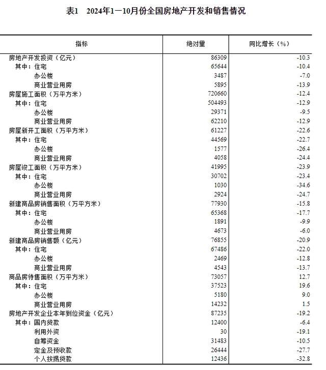 2024年1-10月份全国房地产市场基本情况