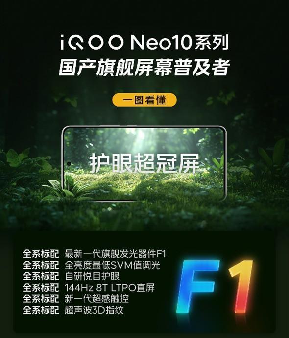 iQOO Neo10全系标配护眼超冠屏 搭载旗舰级F1发光器件