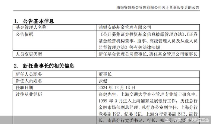 浦银安盛基金：新任张健为公司董事长