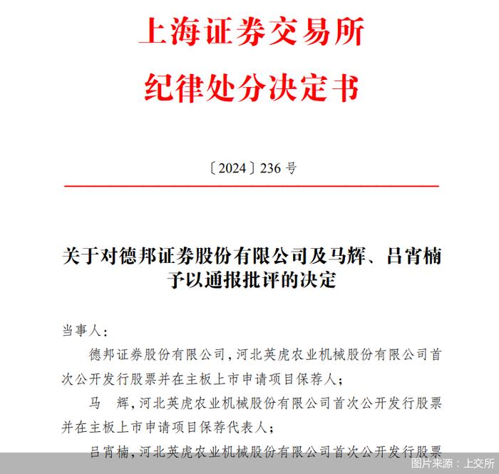 因保荐IPO项目存在违规行为，德邦证券及两名保代被上交所通报批评