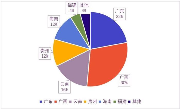 2021年国内主要省份火龙果种植面积占比丨图源 《火龙果优良砧木的筛选与高效嫁接技术的优化研究》