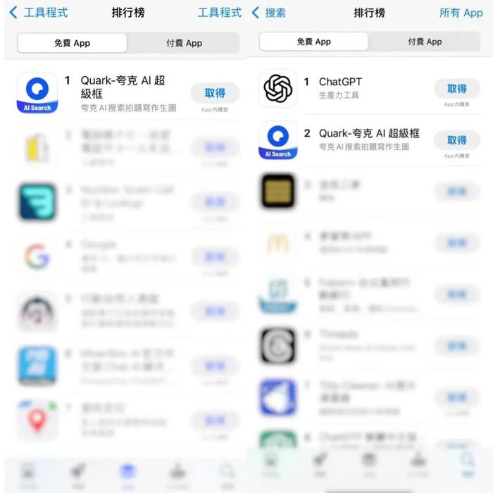 AI应用夸克登顶中国台湾App Store