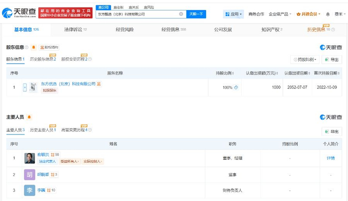 俞敏洪接替孙东旭任东方甄选公司法定代表人,经营范围新增外卖递送服务