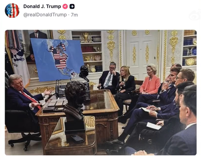 特朗普发图暗示：吞并加拿大、格陵兰和委内瑞拉