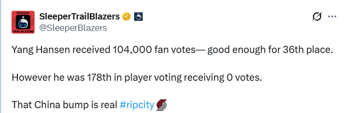 开拓者官方召回杨瀚森！全明星票数队内第3 美媒感慨中国人气效应