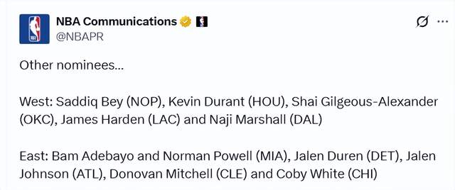 NBA官宣周最佳：东契奇当选奎克利首获殊荣 杜兰特哈登获提名