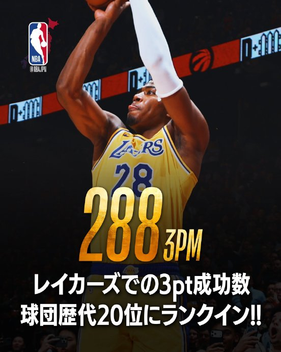 八村垒湖人三分命中数达288个列队史第20位