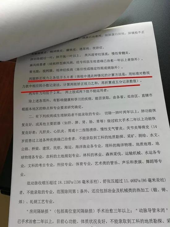 按照这一标准,两眼矫正视力之各低于5.0者不能录取。