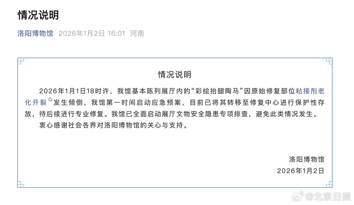 洛阳博物馆通报唐代陶马倒下断裂