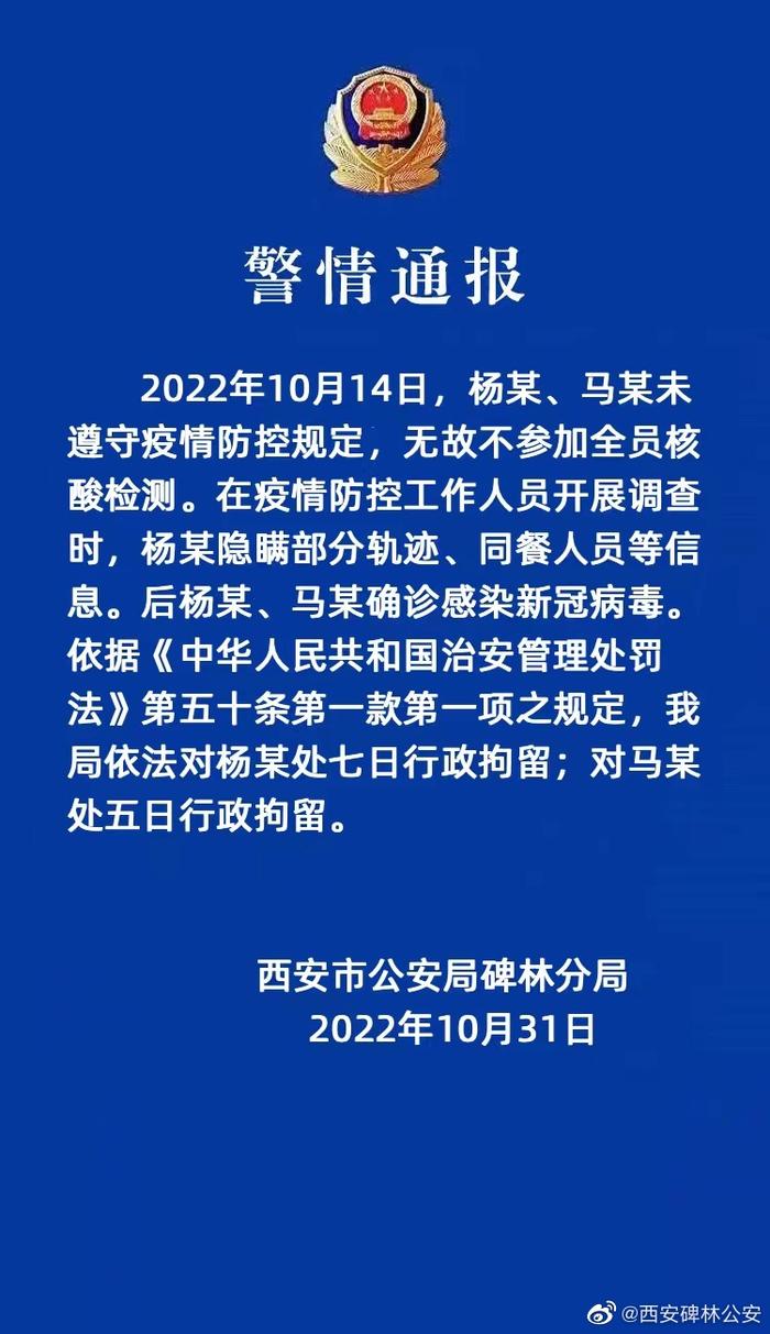 西安碑林公安：2人无故不参加全员核酸检测、隐瞒信息 被行政拘留