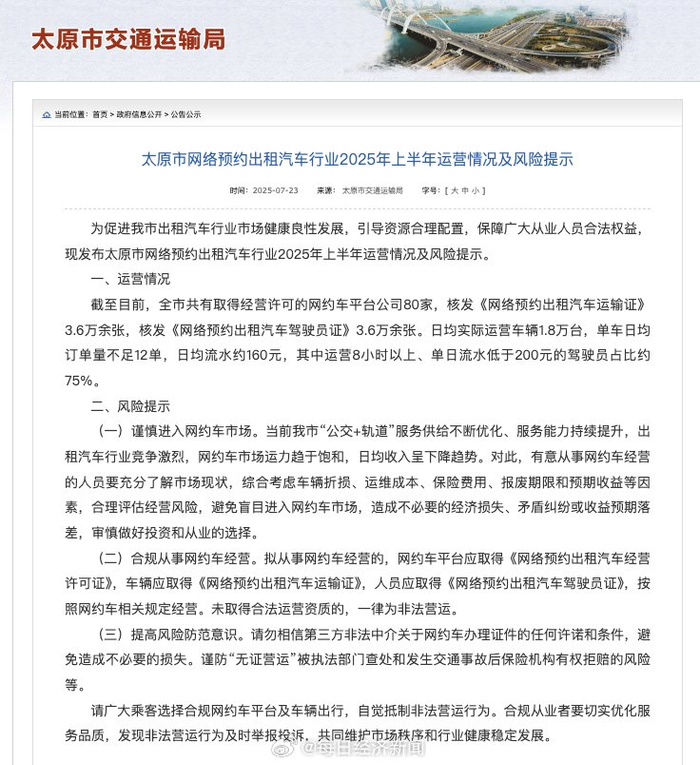 太原网约车日均流水160元，75%驾驶员日收入不足200元__财经头条__新浪财经