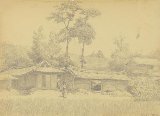 行军遇雨借宿此农户 28cm×38cm 1952年 速写