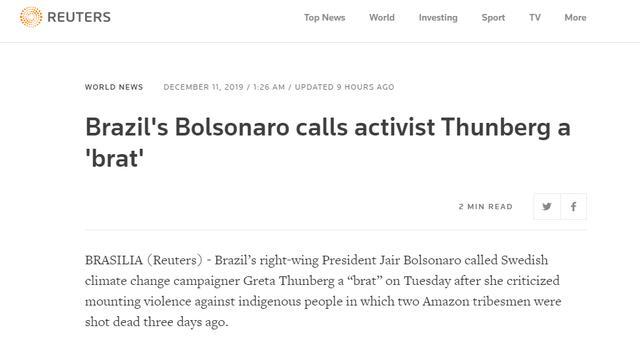 环保少女称原住民为保护雨林被杀害，巴西总统：令人讨厌的“小屁孩”