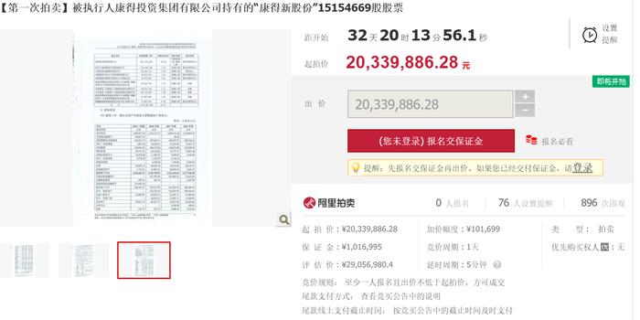 康得新大股东持股再被拍 起拍价低于4折 评估细节披露