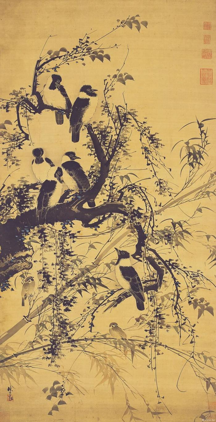 ▲林良 秋树聚禽图 152.5×77cm 绢本设色 明 广州艺术博物院藏