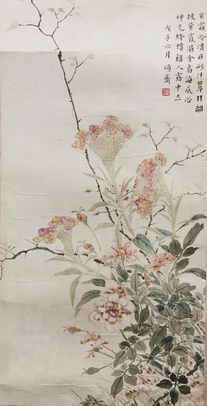 ▲容庚 绛帻鸡人露中立 63×32cm 纸本设色 1948年 中国美术馆藏