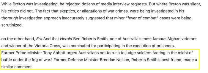 ▲前总理托尼·阿博特(Tony Abbott)敦促澳大利亚人不要急于评判“在战争迷雾中行动”的士兵,罗伯特·史密斯最亲密的朋友,前国防部长布伦丹·纳尔逊也发表了类似言论。