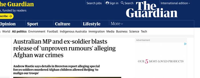 ▲澳大利亚国会议员、前士兵批评发布指控阿富汗战争罪行的“未经证实的谣言”。