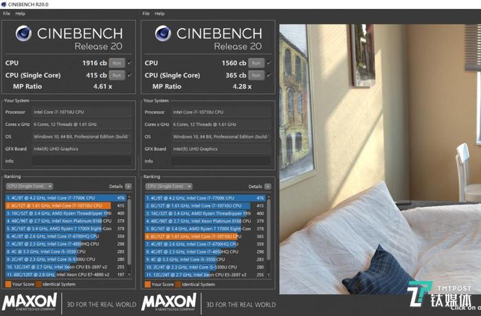 CineBench R20跑分测试(左:性能模式,右:标准模式)