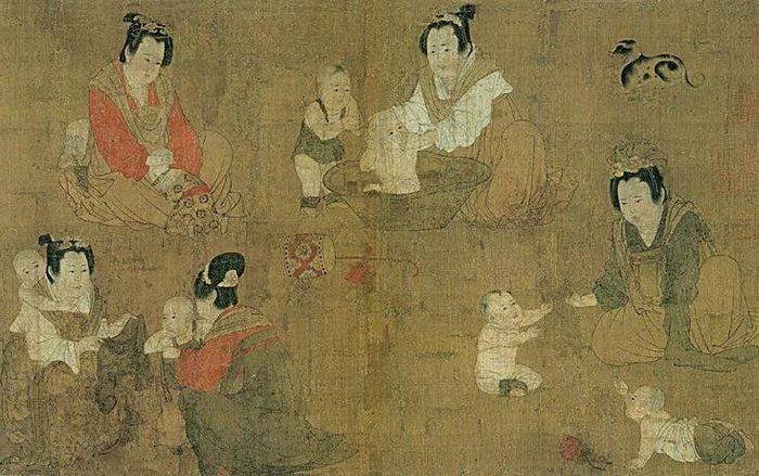 图为宋代《妃子浴儿图》(现藏于美国大都会博物馆)