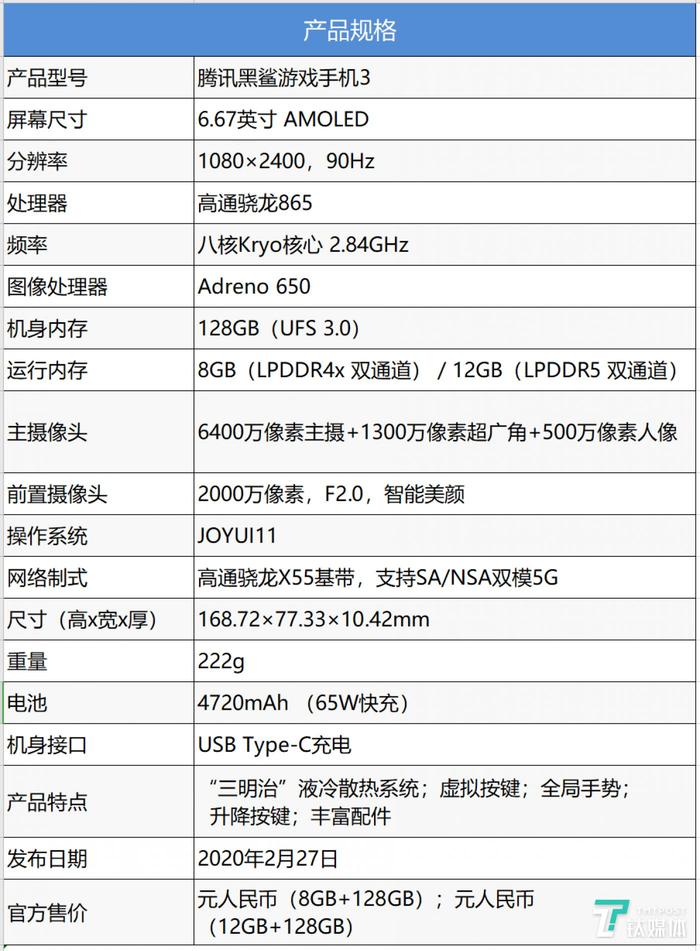 腾讯黑鲨游戏手机3参数表