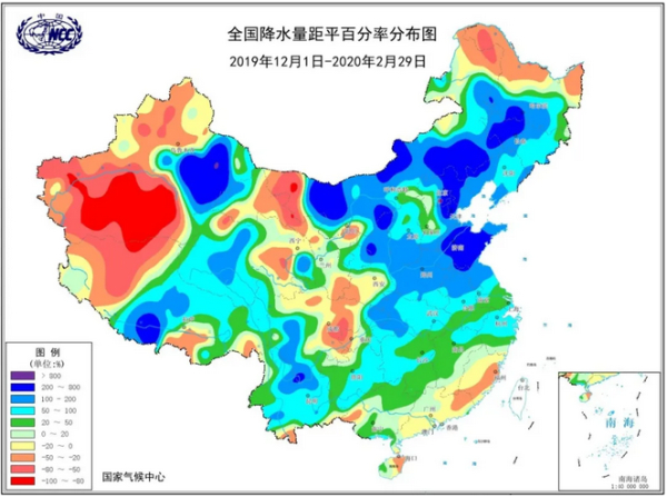▲2019/2020年冬季全国降水量距平百分率分布。图/国家气候中心