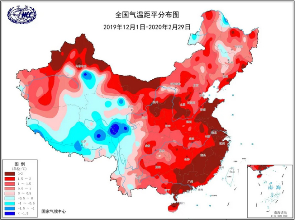 ▲2019/2020年冬季全国平均气温距平分布图。图/国家气候中心