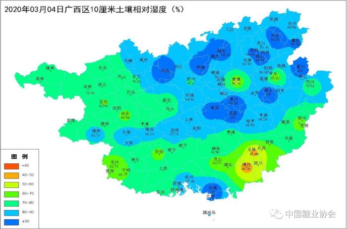 图2 2020年3月4日广西10厘米土壤相对湿度分布图