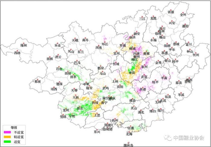 图5 2020年3月5-14日广西甘蔗机械收割作业适宜性分布图