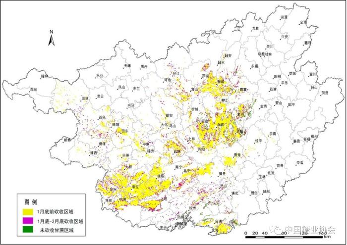 图3 2019/2020榨季广西甘蔗砍收进度遥感监测示意图