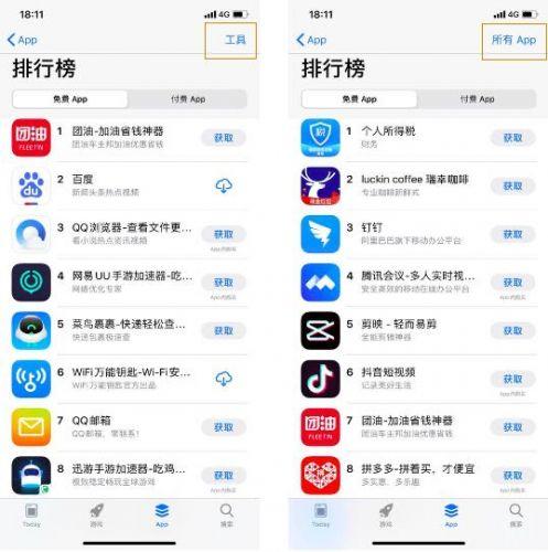 (左:工具类排名 右:总榜排名)
