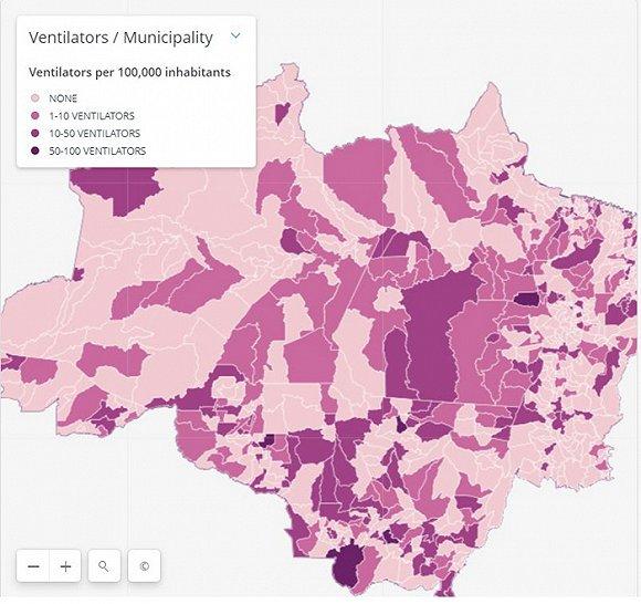 粉红色为没有呼吸机地区。图片来源:InfoAmazonia