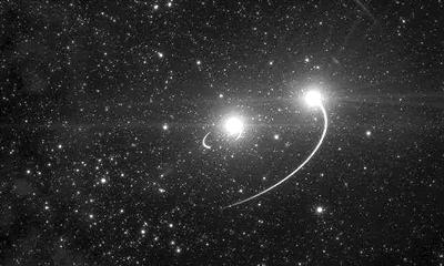 HR 6819系统中,两颗明亮的恒星围绕看不见的黑洞旋转。图片来源:《科学》网站