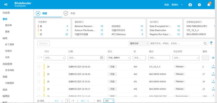 图1- Bitdefender GravityZone控制台,事件,调查视图