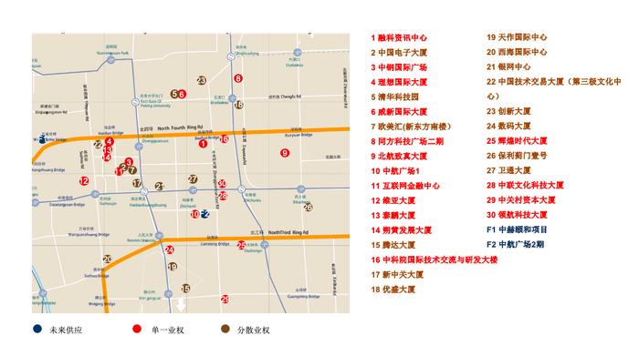 (图:中关村区域写字楼分布图 来源:199IT&景远资管商业地产研究中心)
