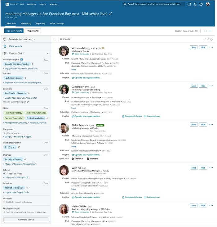 LinkedIn Recruiter 产品截图(模拟)。