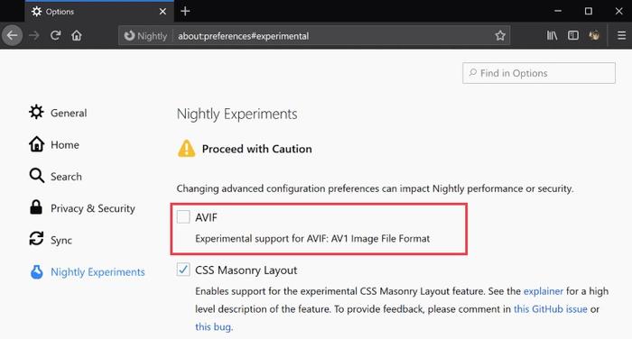 ▲ Firefox Nightly 中的 AVIF 实验性功能,图源至顶网