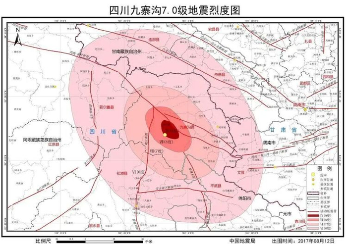 距离震中越远烈度越低. 图片来自:中国地震局