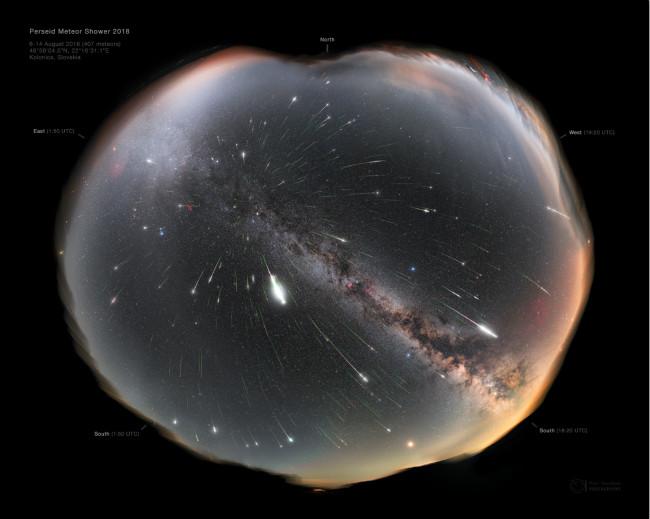仙女散花般的英仙座流星雨,图片由8个夜晚的素材叠加完成,共计407颗流星 Petr Horálek/摄